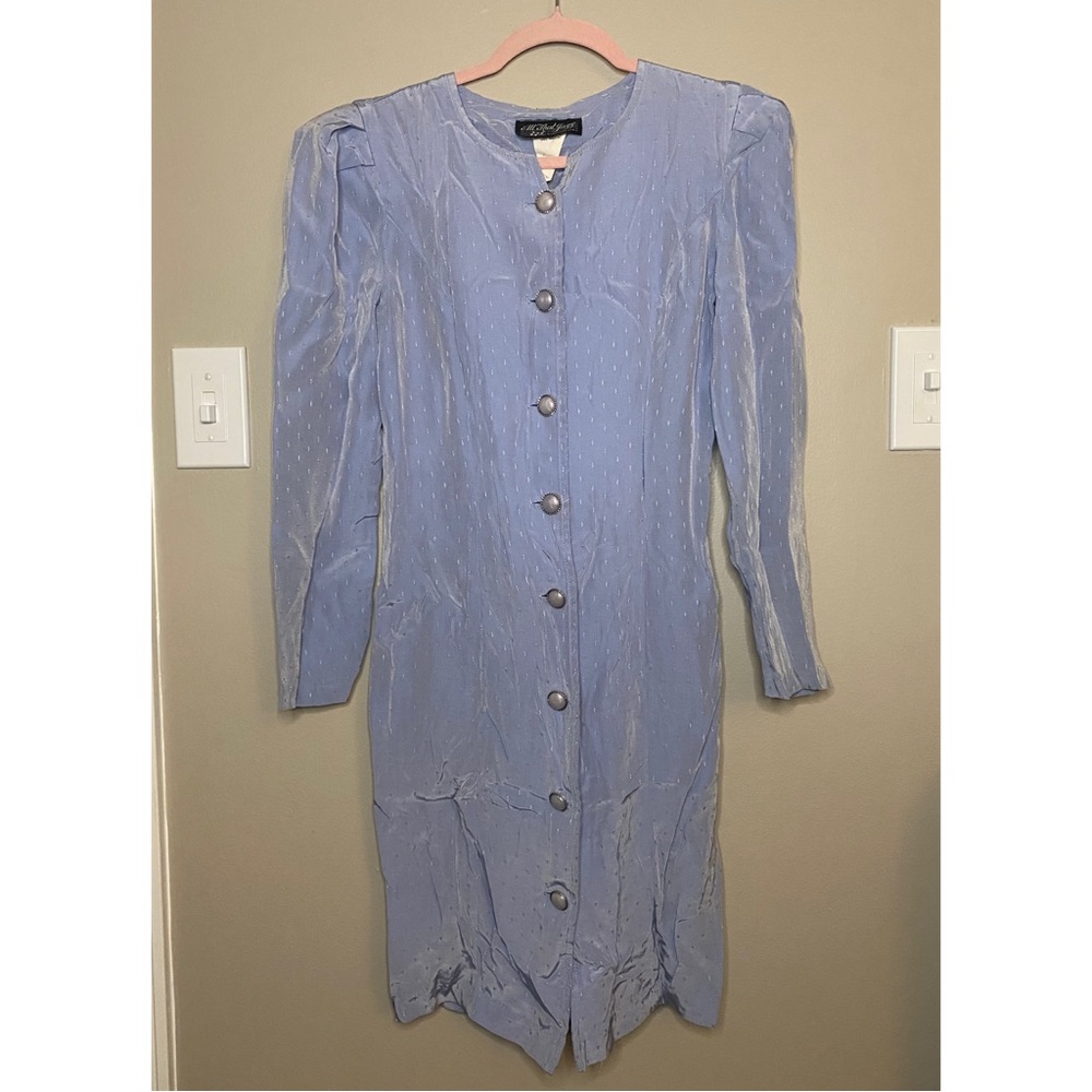 Vintage 80s Periwinkle Purple/Blue Button Down Satiny Structured Eyelet Dress